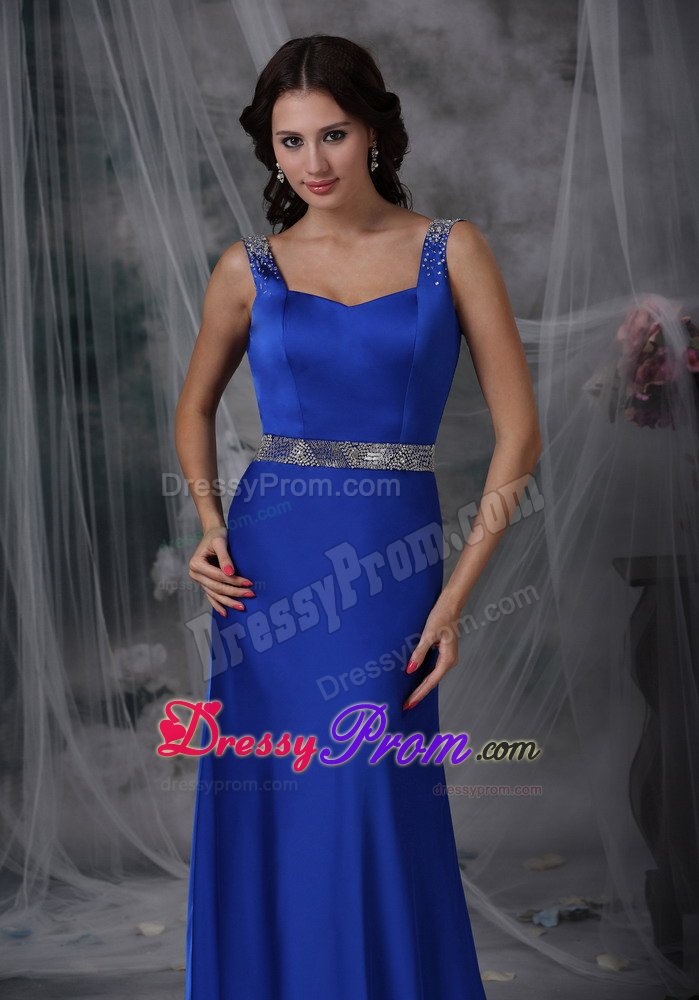 Beading Royal Blue Court Train Celebrity Prom Dress with Straps