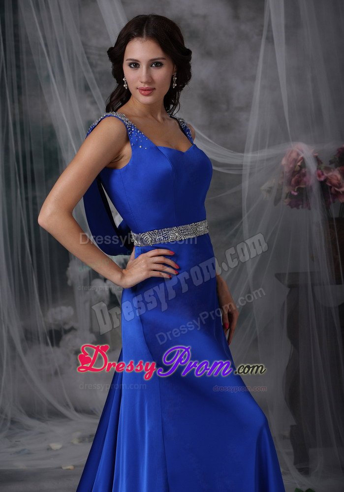 Beading Royal Blue Court Train Celebrity Prom Dress with Straps