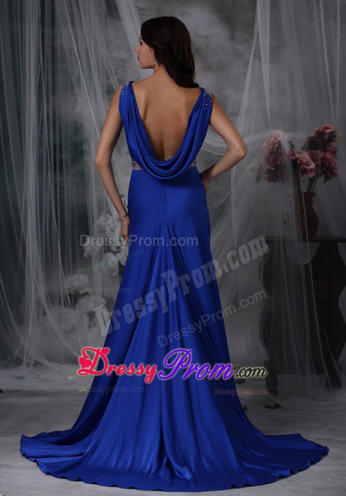 Beading Royal Blue Court Train Celebrity Prom Dress with Straps