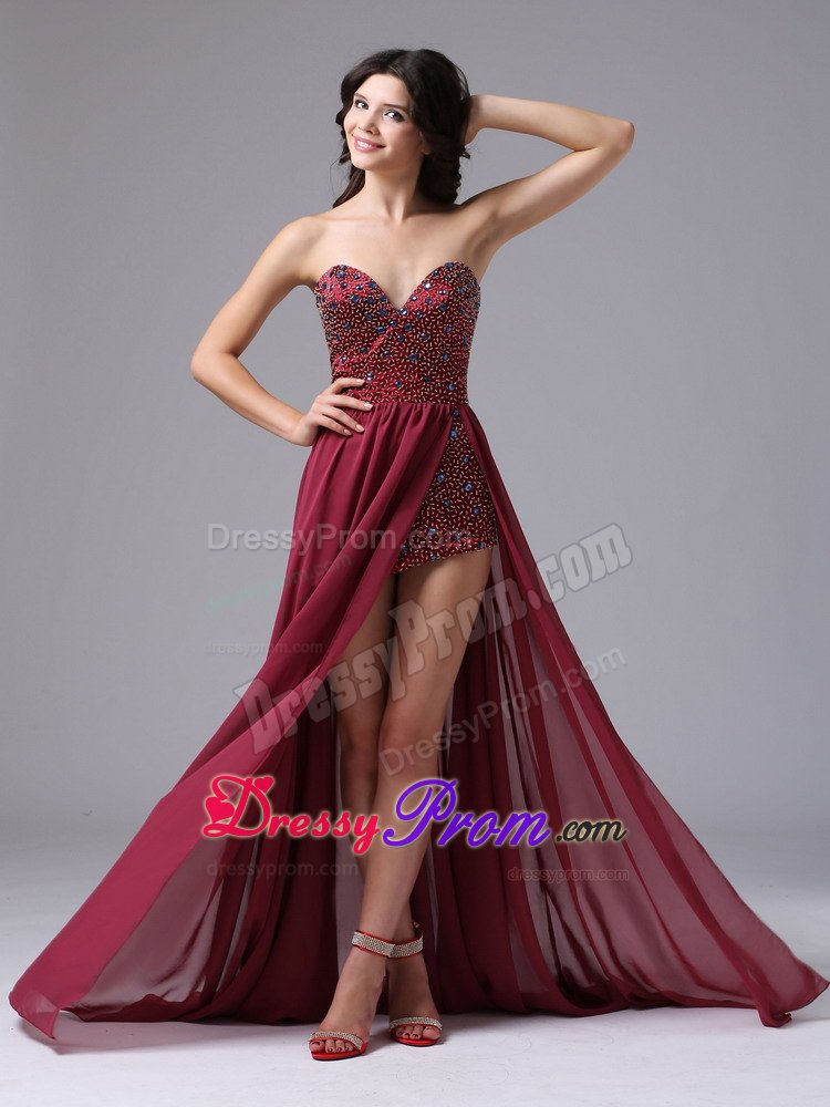 Discount High-low Beading Chiffon Burgundy Prom Graduation Dress