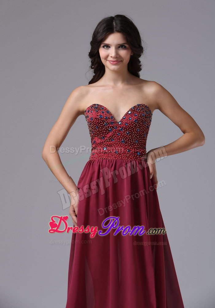 Discount High-low Beading Chiffon Burgundy Prom Graduation Dress