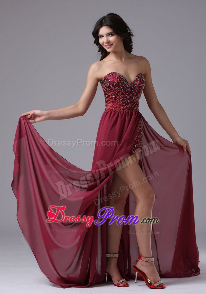 Discount High-low Beading Chiffon Burgundy Prom Graduation Dress