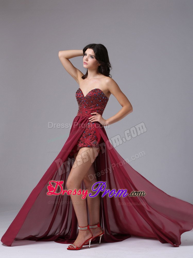 Discount High-low Beading Chiffon Burgundy Prom Graduation Dress