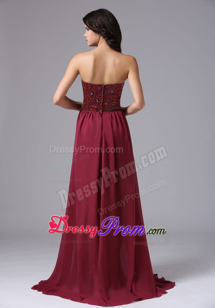 Discount High-low Beading Chiffon Burgundy Prom Graduation Dress