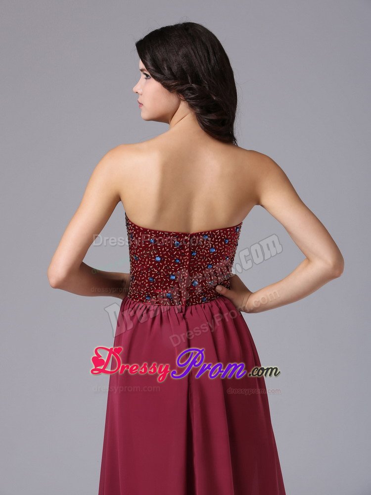 Discount High-low Beading Chiffon Burgundy Prom Graduation Dress