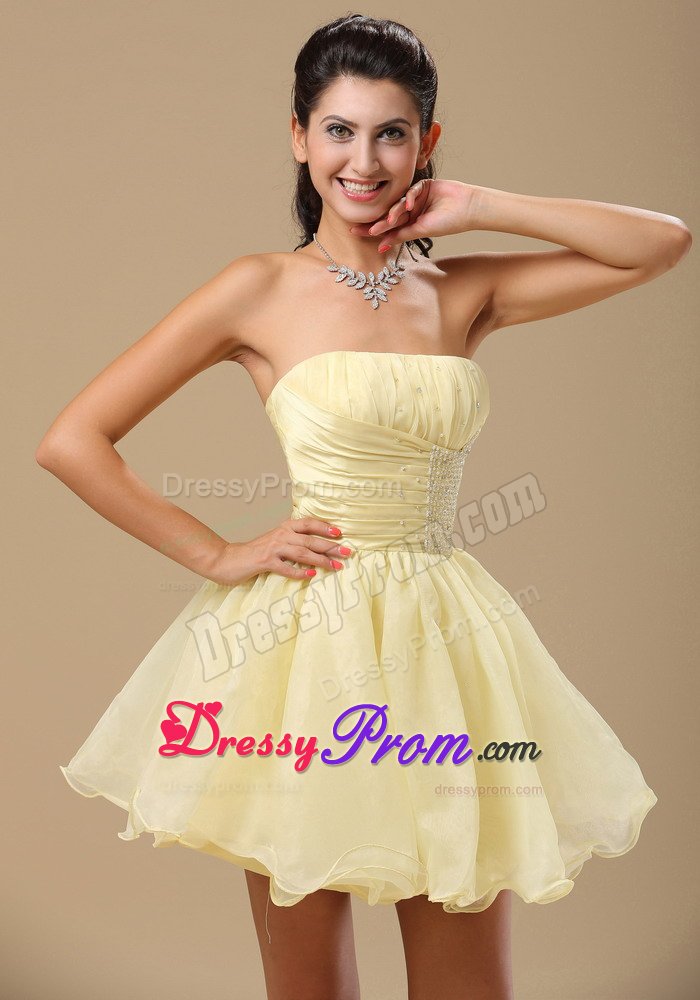 Ruched Light Yellow Beading Organza Short Prom Cocktail Dresses