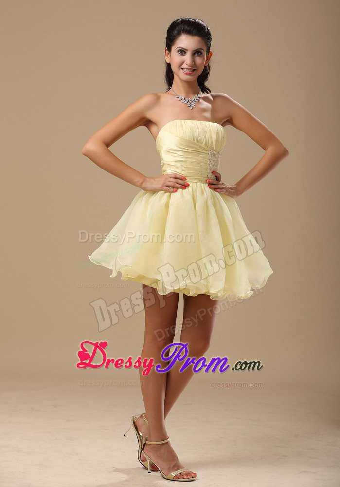 Ruched Light Yellow Beading Organza Short Prom Cocktail Dresses