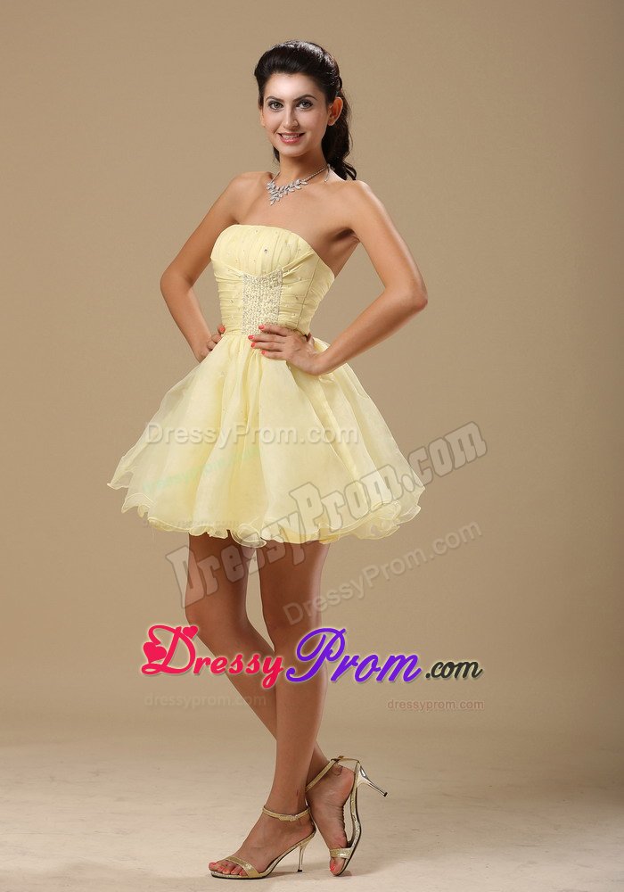 Ruched Light Yellow Beading Organza Short Prom Cocktail Dresses