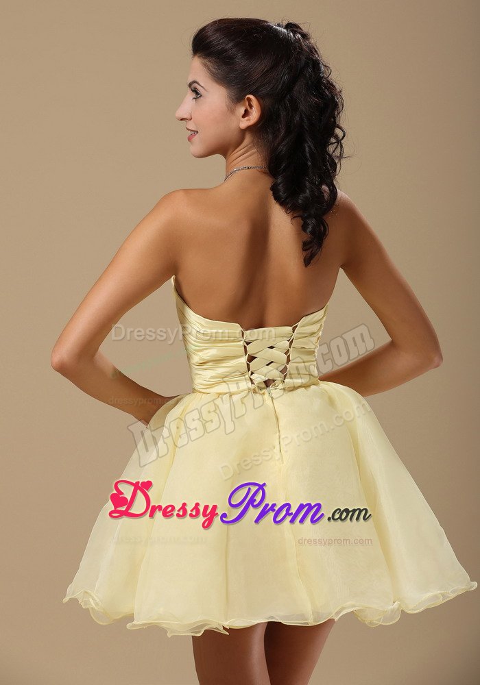 Ruched Light Yellow Beading Organza Short Prom Cocktail Dresses