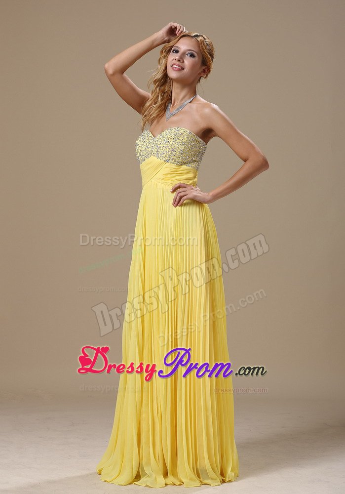 Pleating Yellow Beading Chiffon Sweetheart Prom Homecoming Dress