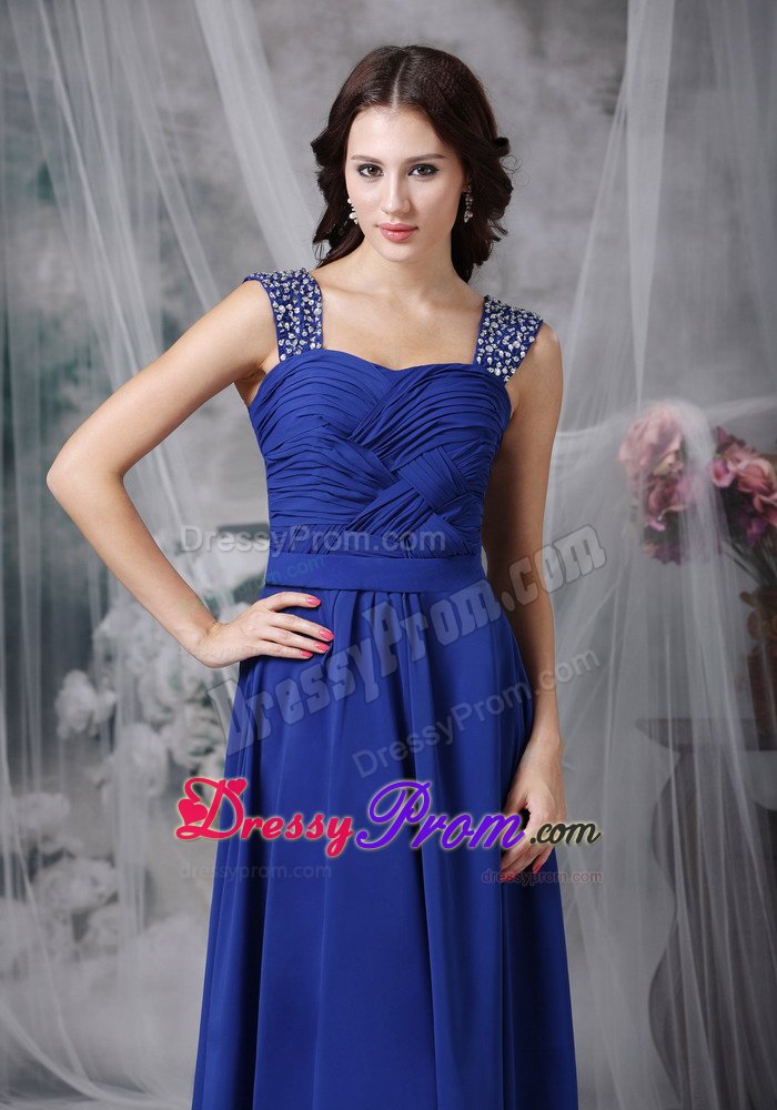 Royal Blue Ruched Chiffon Prom Evening Dress with Beading Straps