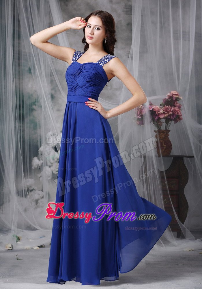 Royal Blue Ruched Chiffon Prom Evening Dress with Beading Straps