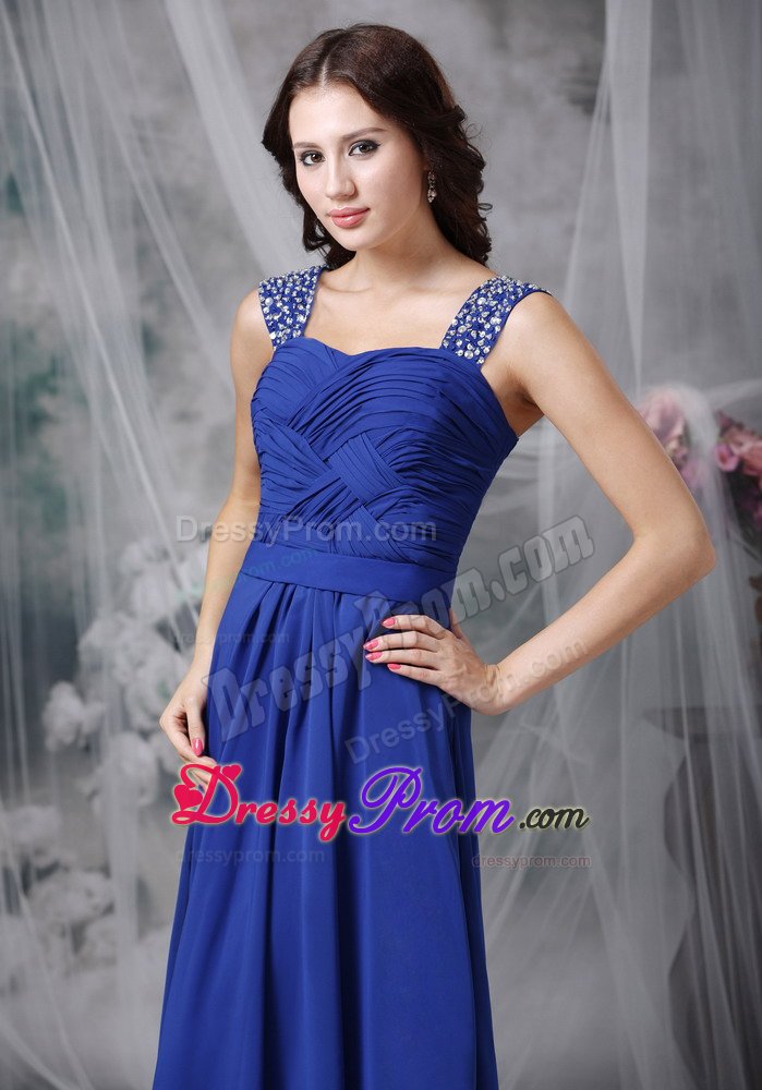 Royal Blue Ruched Chiffon Prom Evening Dress with Beading Straps
