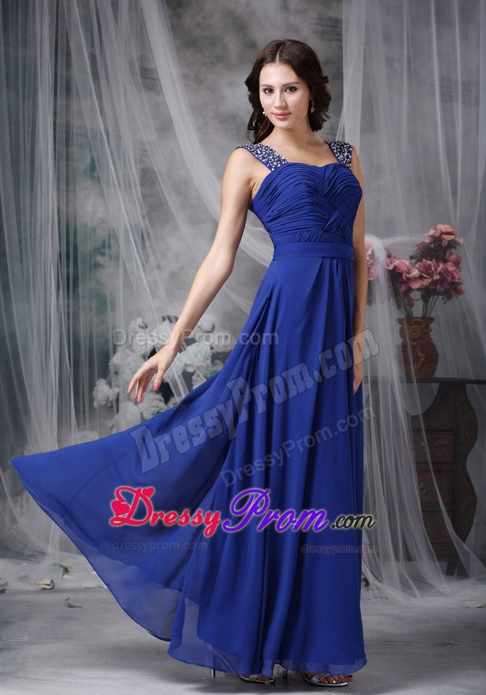 Royal Blue Ruched Chiffon Prom Evening Dress with Beading Straps