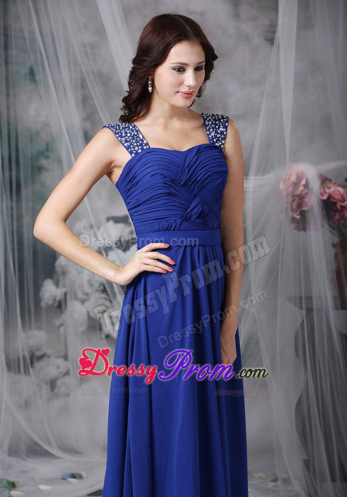 Royal Blue Ruched Chiffon Prom Evening Dress with Beading Straps