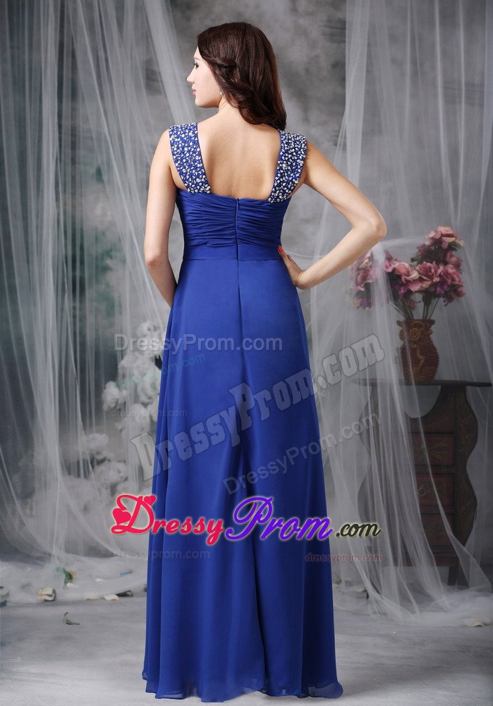 Royal Blue Ruched Chiffon Prom Evening Dress with Beading Straps