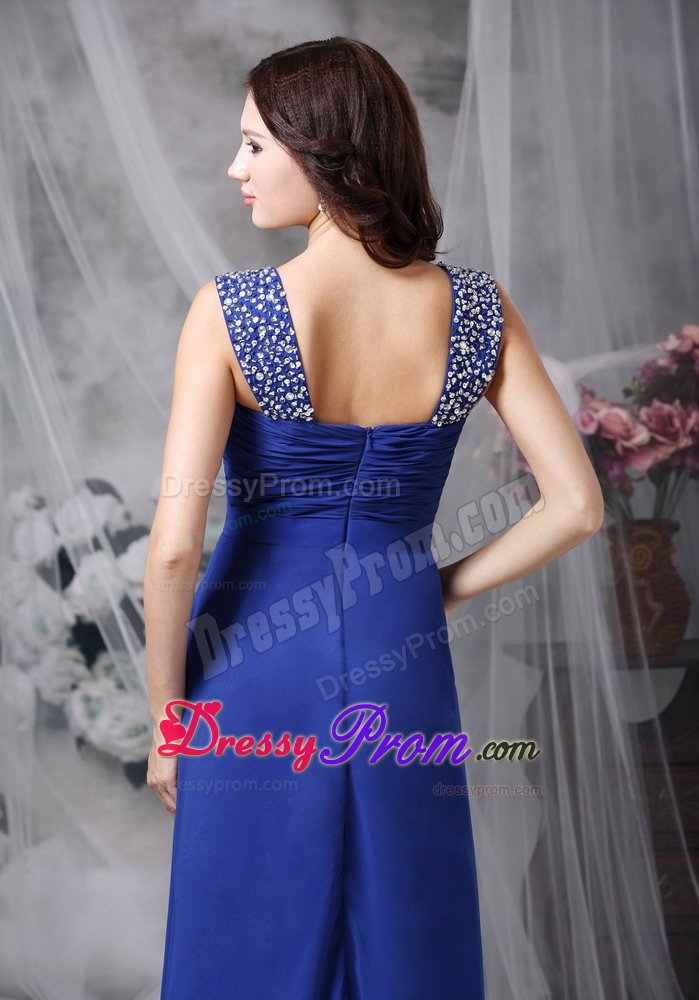 Royal Blue Ruched Chiffon Prom Evening Dress with Beading Straps
