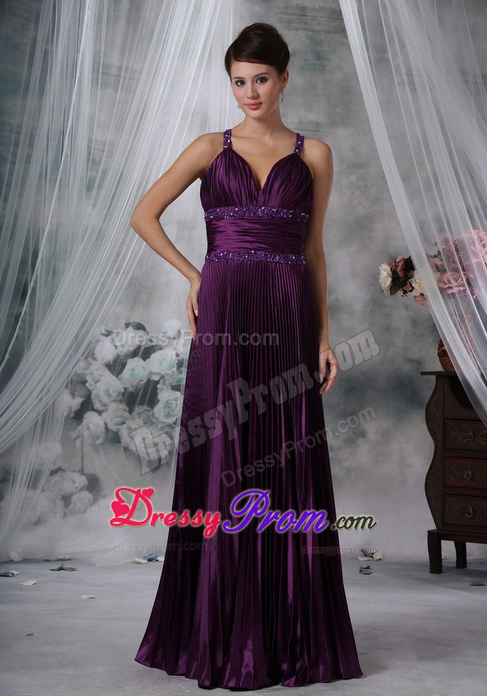 Beading Straps Pleated Purple Taffeta Ruched Prom Pageant Dresses