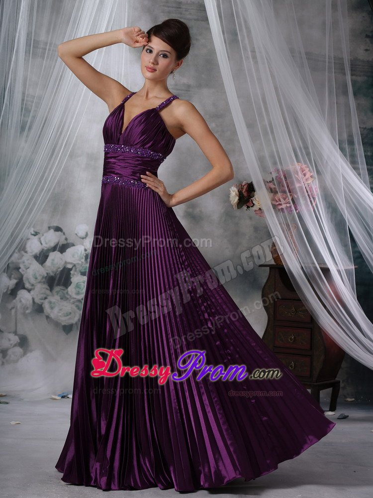 Beading Straps Pleated Purple Taffeta Ruched Prom Pageant Dresses