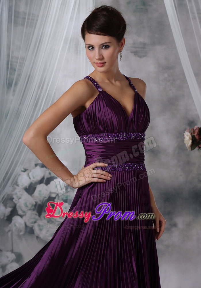Beading Straps Pleated Purple Taffeta Ruched Prom Pageant Dresses