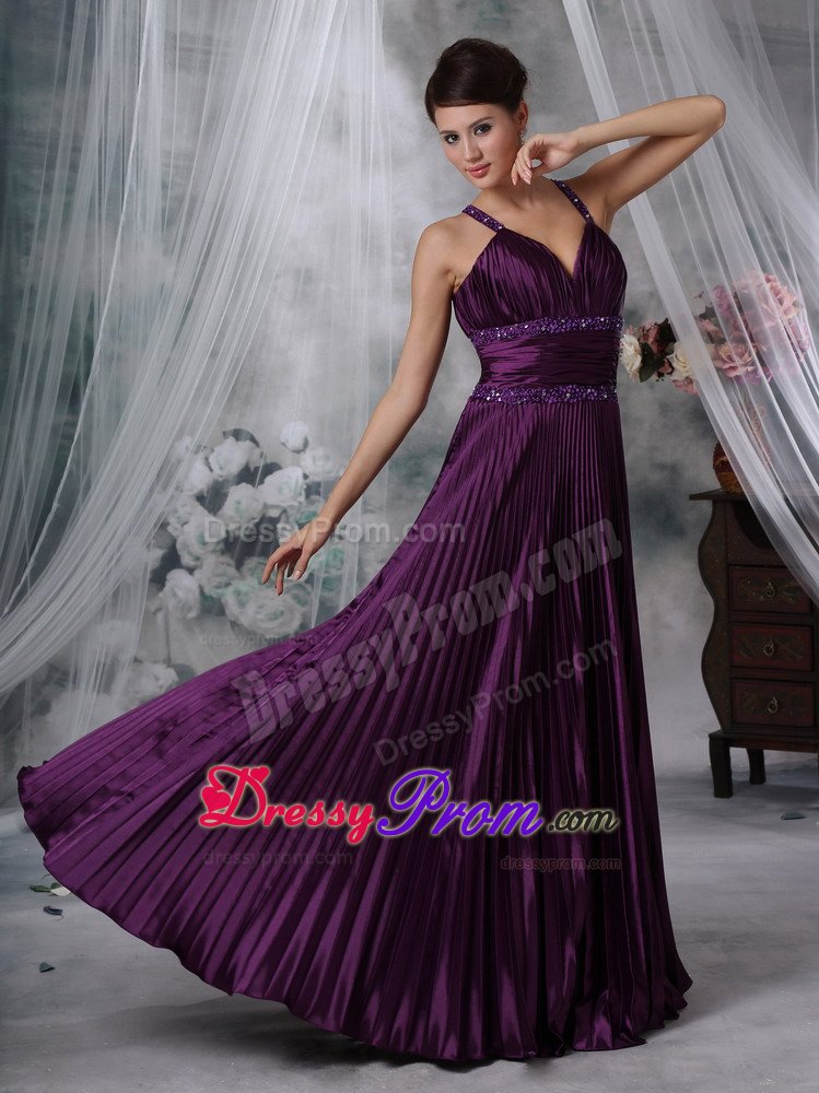 Beading Straps Pleated Purple Taffeta Ruched Prom Pageant Dresses