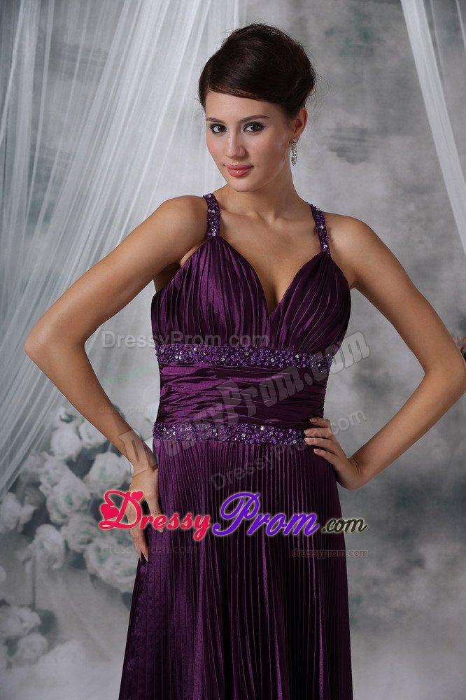 Beading Straps Pleated Purple Taffeta Ruched Prom Pageant Dresses