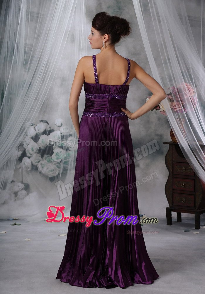 Beading Straps Pleated Purple Taffeta Ruched Prom Pageant Dresses