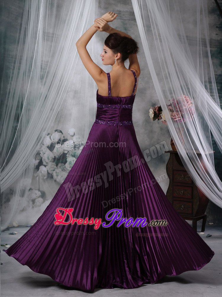 Beading Straps Pleated Purple Taffeta Ruched Prom Pageant Dresses