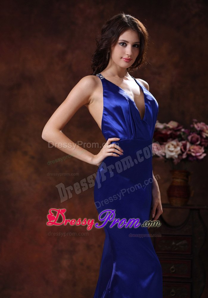Halter Mermaid Royal Blue Prom Evening Dresses with Brush Train