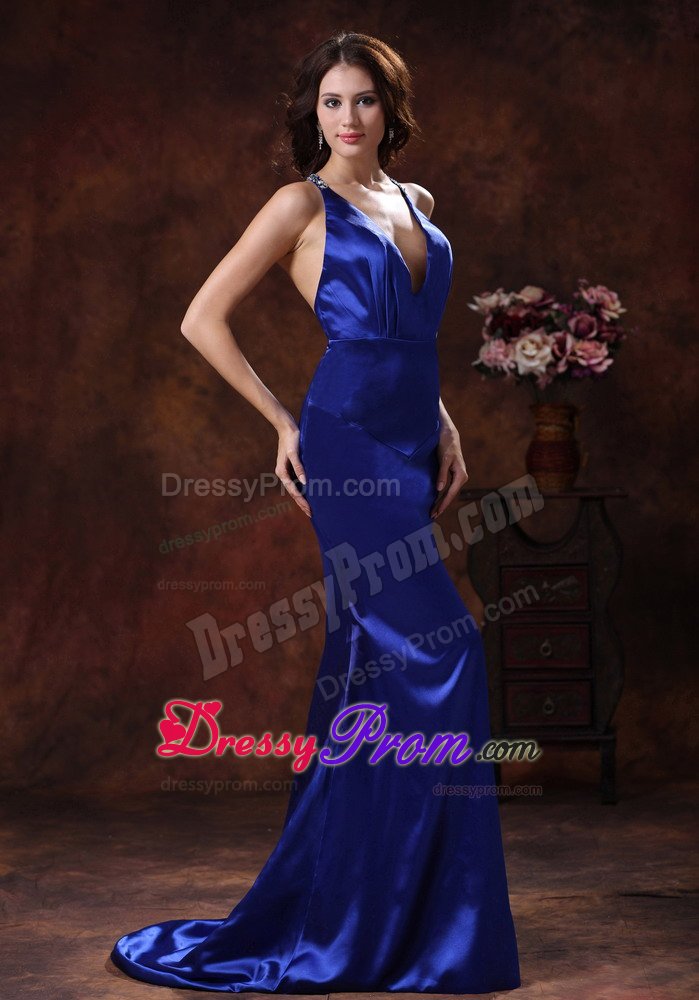 Halter Mermaid Royal Blue Prom Evening Dresses with Brush Train