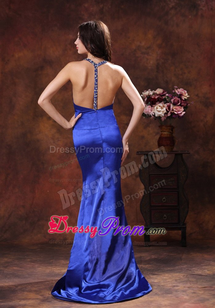 Halter Mermaid Royal Blue Prom Evening Dresses with Brush Train