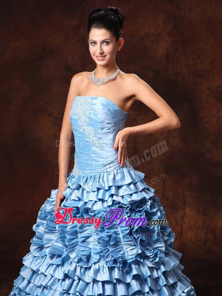 Tiered Ruffles Appliques Light Blue Ruched Prom Gowns Dresses
