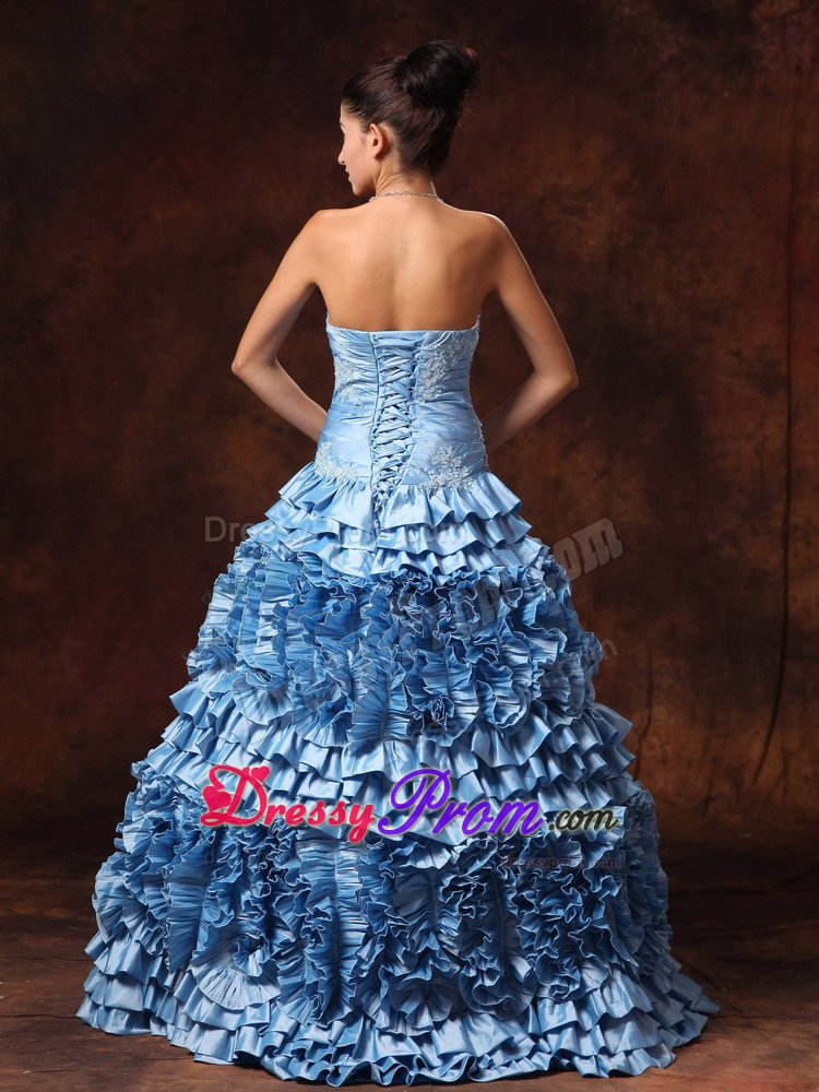 Tiered Ruffles Appliques Light Blue Ruched Prom Gowns Dresses