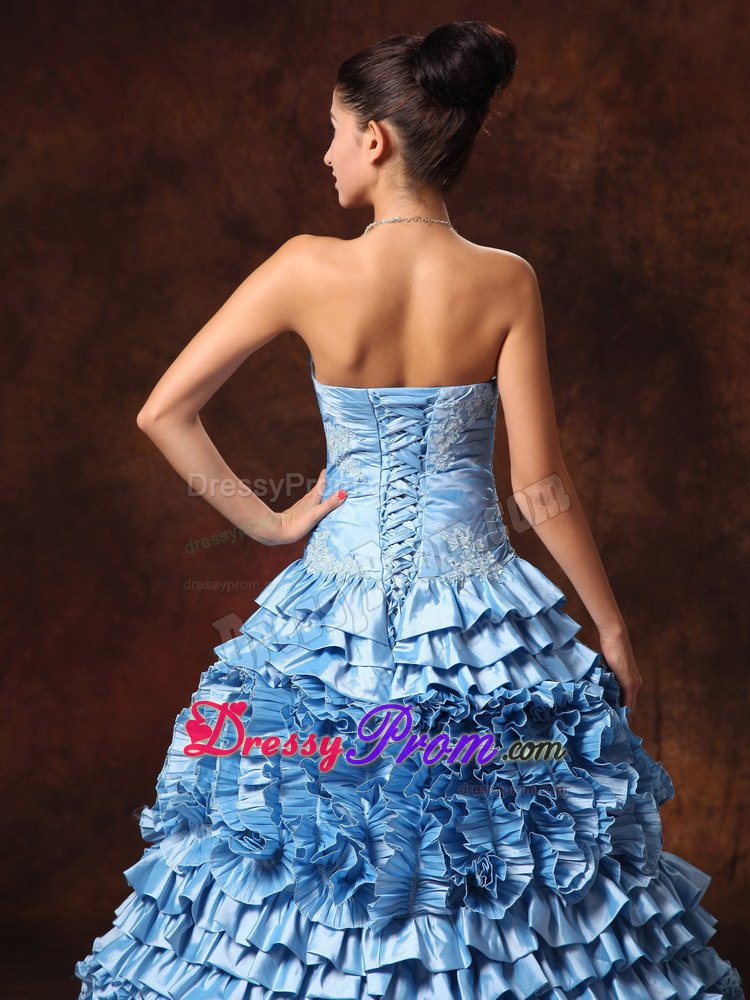 Tiered Ruffles Appliques Light Blue Ruched Prom Gowns Dresses