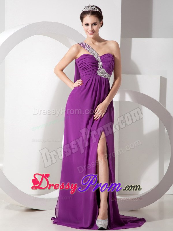 Purple Beading One Shoulder Ruched Chiffon Prom Homecoming Dress