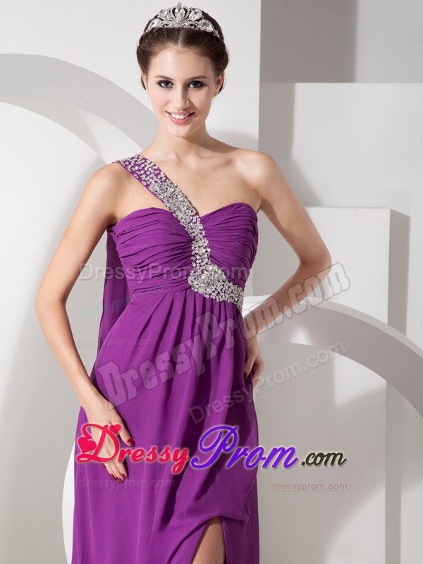 Purple Beading One Shoulder Ruched Chiffon Prom Homecoming Dress