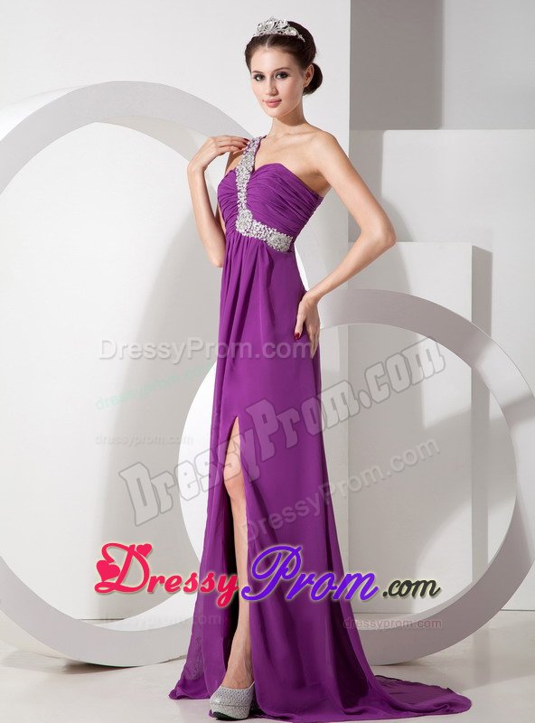 Purple Beading One Shoulder Ruched Chiffon Prom Homecoming Dress