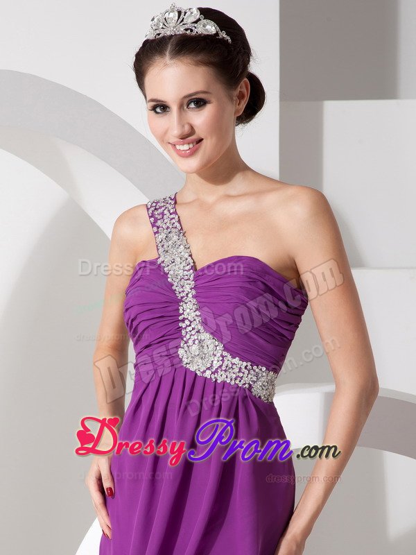 Purple Beading One Shoulder Ruched Chiffon Prom Homecoming Dress