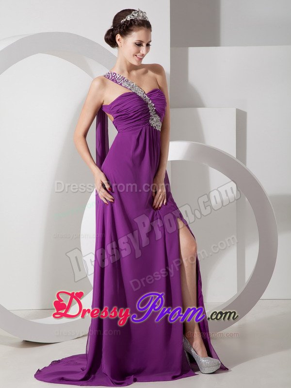 Purple Beading One Shoulder Ruched Chiffon Prom Homecoming Dress