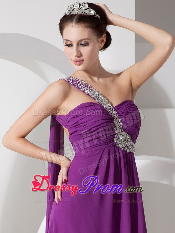 Purple Beading One Shoulder Ruched Chiffon Prom Homecoming Dress