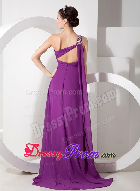Purple Beading One Shoulder Ruched Chiffon Prom Homecoming Dress