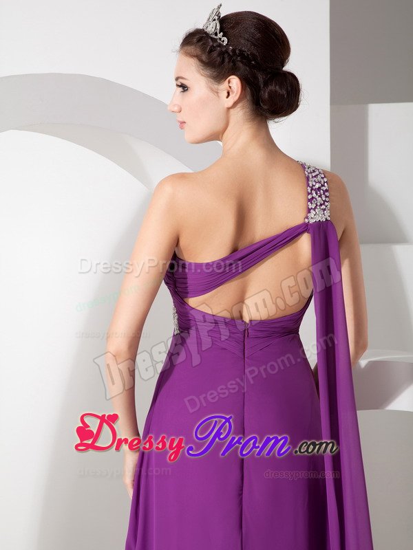 Purple Beading One Shoulder Ruched Chiffon Prom Homecoming Dress