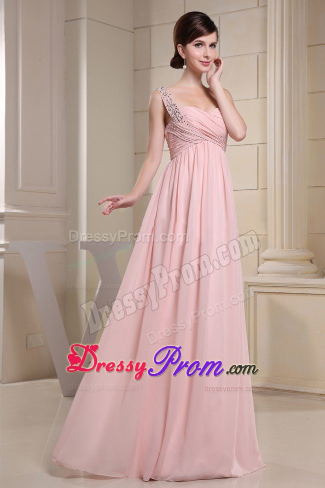 One Shoulder Beading Ruched Baby Pink Chiffon Dresses for Prom