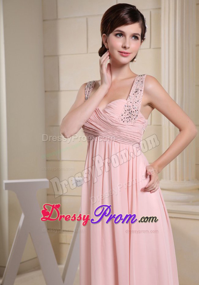One Shoulder Beading Ruched Baby Pink Chiffon Dresses for Prom