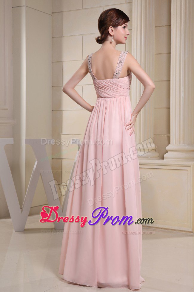 One Shoulder Beading Ruched Baby Pink Chiffon Dresses for Prom