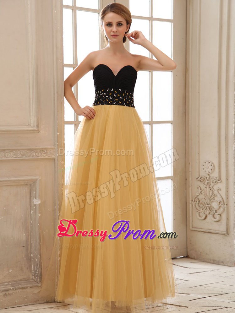 Gold and Black Beading Tulle Ruched Prom Graduation Dresses