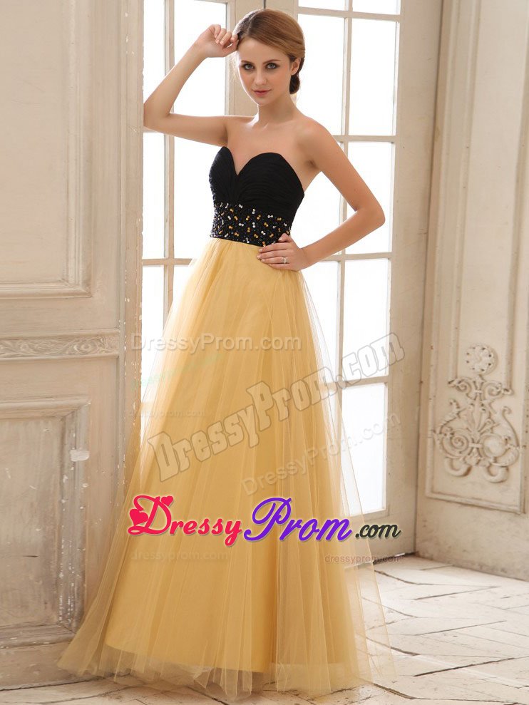 Gold and Black Beading Tulle Ruched Prom Graduation Dresses