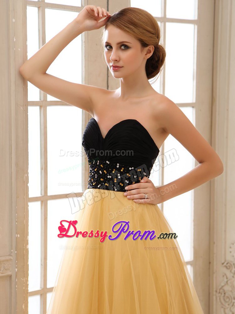Gold and Black Beading Tulle Ruched Prom Graduation Dresses