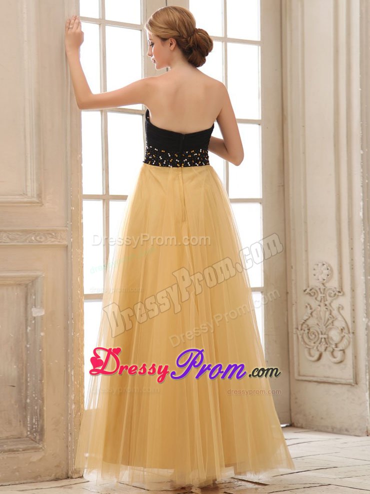 Gold and Black Beading Tulle Ruched Prom Graduation Dresses