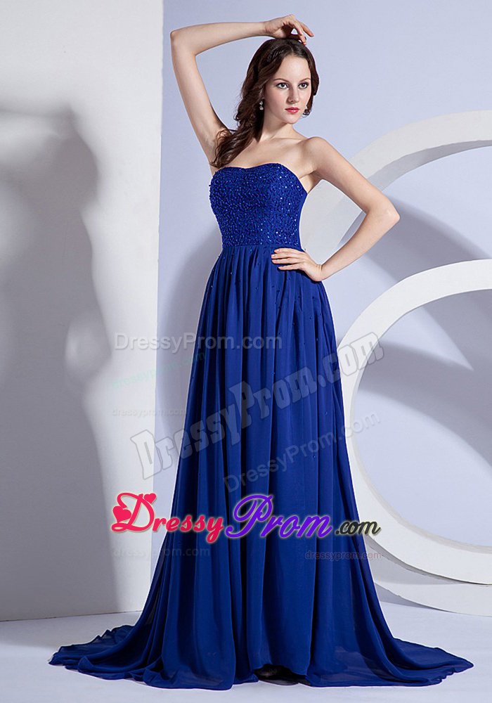Pleated Blue Beading Chiffon Prom Celebrity Dress with Brush Train